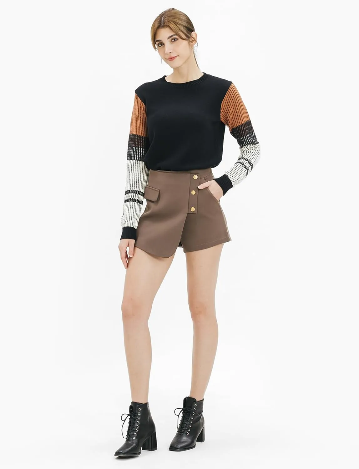 Cable Stitch Women's Contrast-Sleeve Cotton Sweater - Crewneck Long Sleeve Knitted Pullover Top