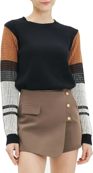 Cable Stitch Women's Contrast-Sleeve Cotton Sweater - Crewneck Long Sleeve Knitted Pullover Top