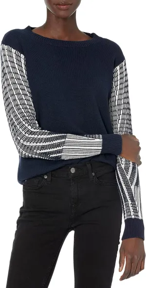 Cable Stitch Women's Contrast-Sleeve Cotton Sweater - Crewneck Long Sleeve Knitted Pullover Top