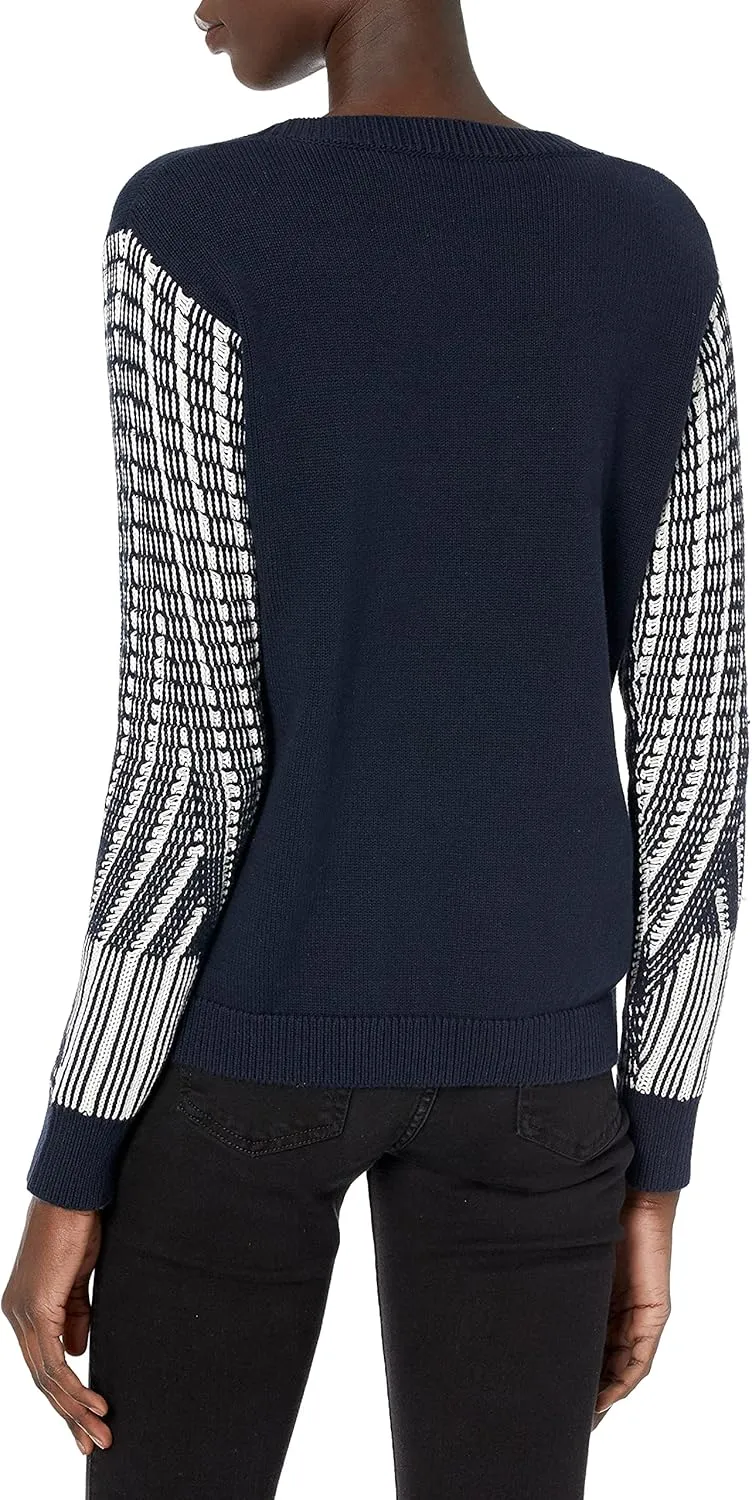 Cable Stitch Women's Contrast-Sleeve Cotton Sweater - Crewneck Long Sleeve Knitted Pullover Top