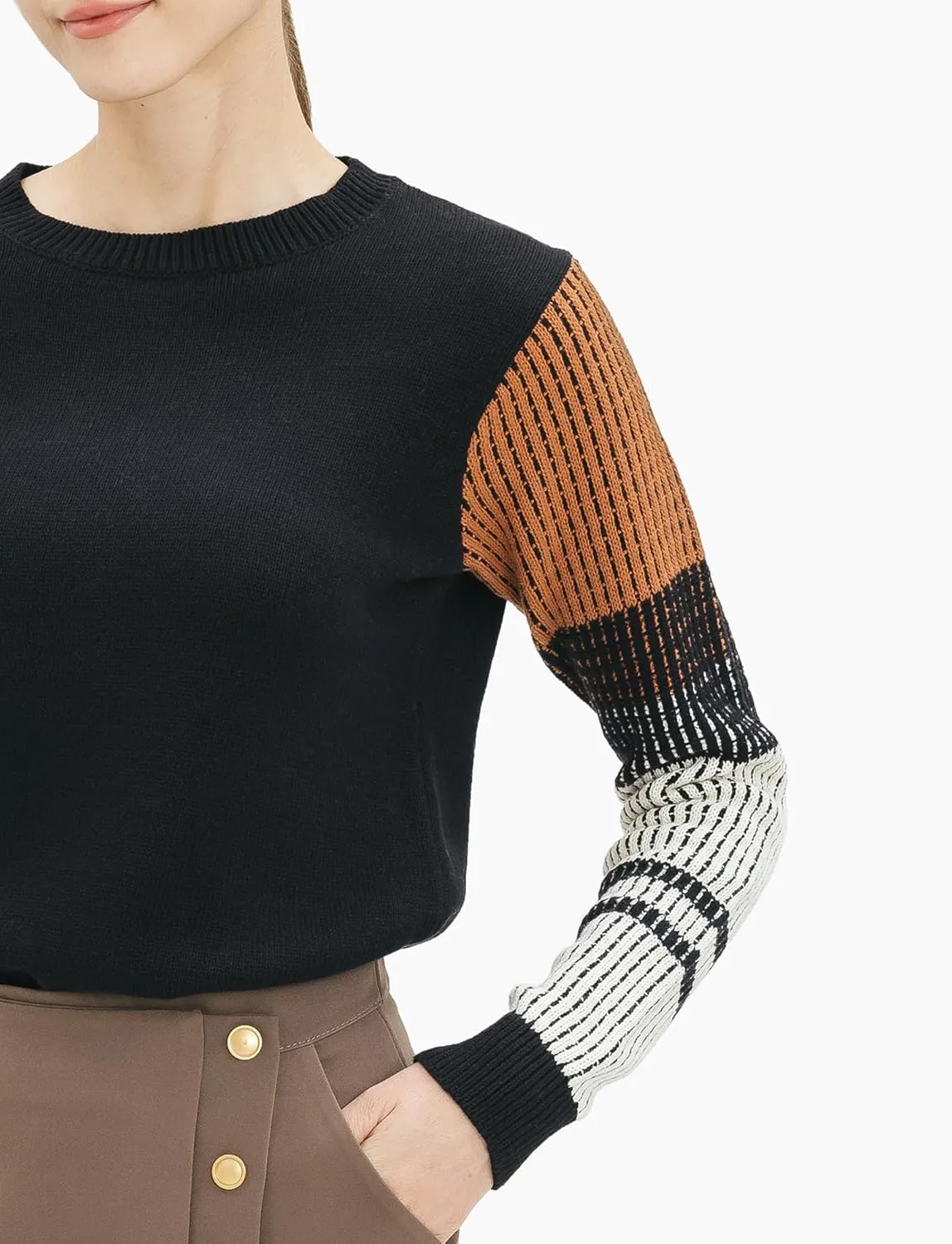 Cable Stitch Women's Contrast-Sleeve Cotton Sweater - Crewneck Long Sleeve Knitted Pullover Top