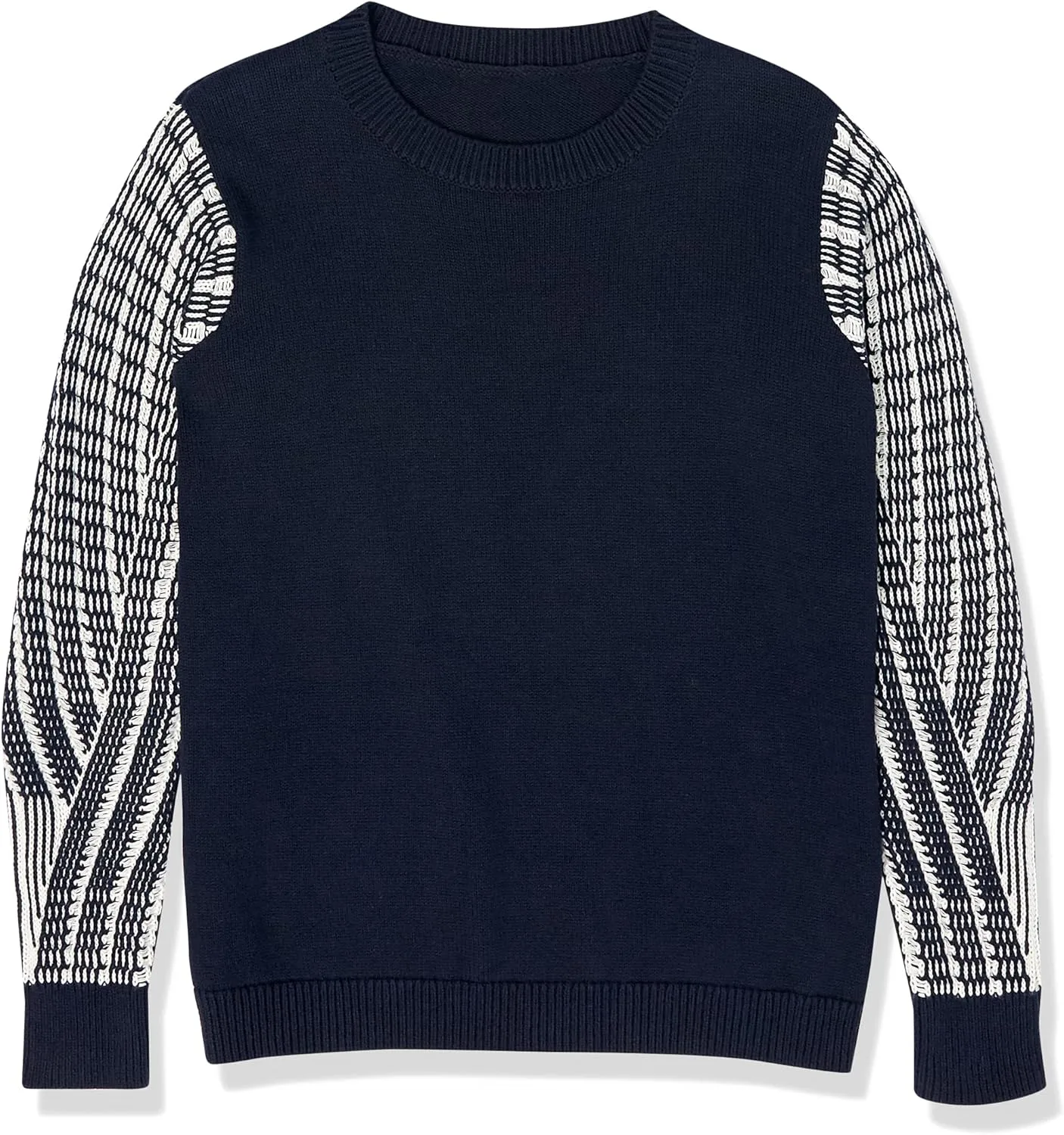 Cable Stitch Women's Contrast-Sleeve Cotton Sweater - Crewneck Long Sleeve Knitted Pullover Top