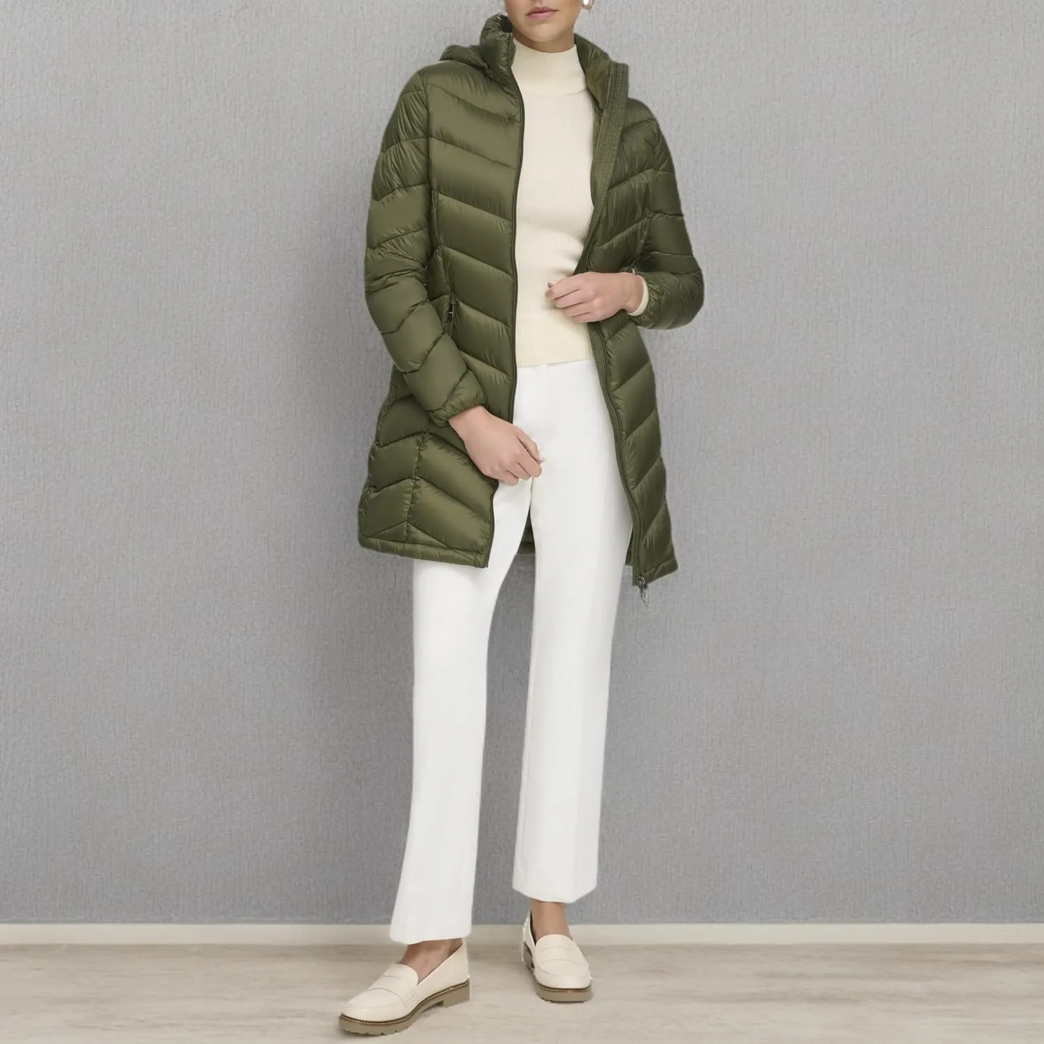 Calvin Klein Women's Everyday Hooded Zip Front Puffer Long Sleeve Coat