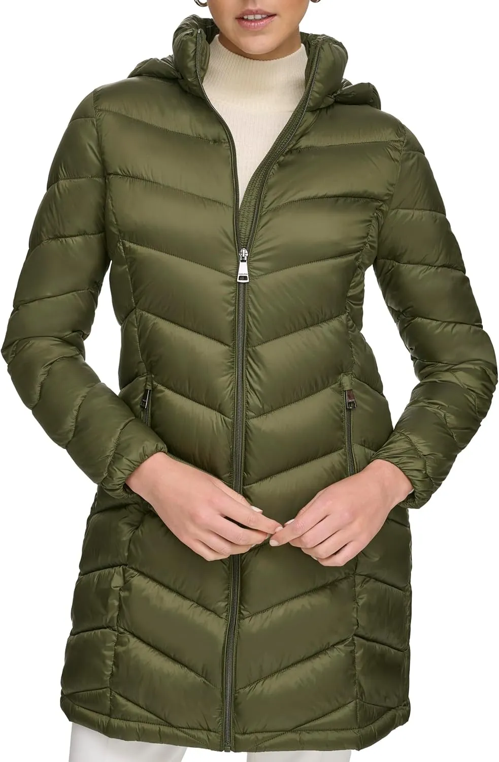 Calvin Klein Women's Everyday Hooded Zip Front Puffer Long Sleeve Coat