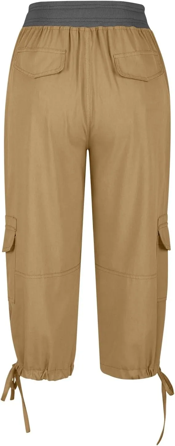 Capri Cargo Pants for Women 2024 Elastic High Waist Drawstring 3/4 Hiking Pants with Multi Pockets Casual Slim Fit Work Pants