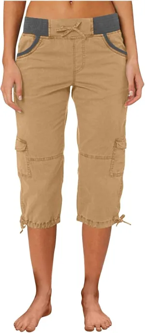 Capri Cargo Pants for Women 2024 Elastic High Waist Drawstring 3/4 Hiking Pants with Multi Pockets Casual Slim Fit Work Pants