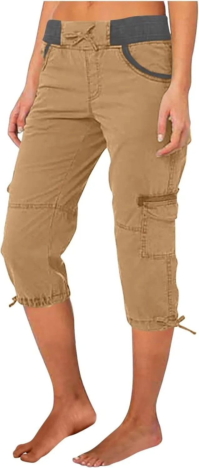 Capri Cargo Pants for Women 2024 Elastic High Waist Drawstring 3/4 Hiking Pants with Multi Pockets Casual Slim Fit Work Pants