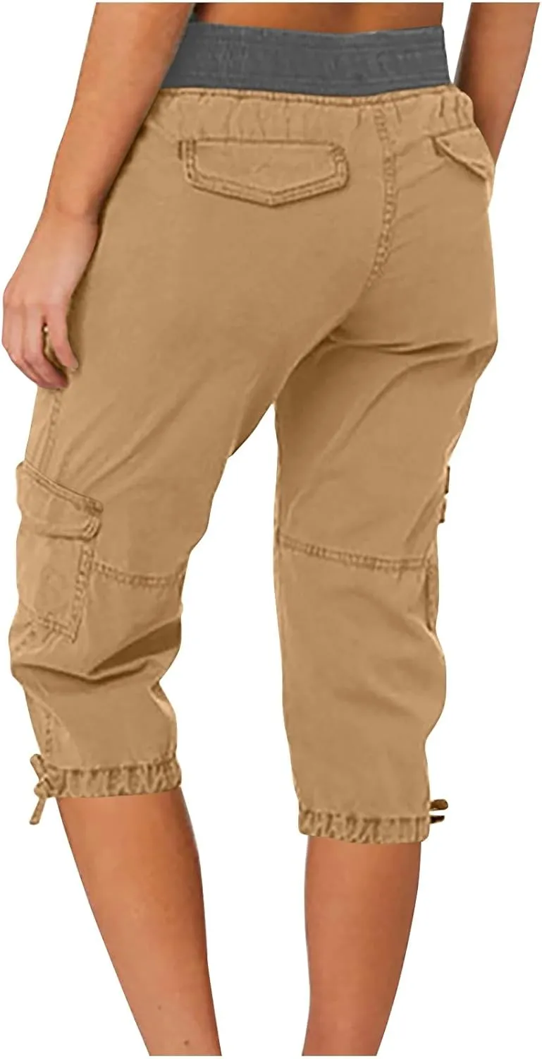 Capri Cargo Pants for Women 2024 Elastic High Waist Drawstring 3/4 Hiking Pants with Multi Pockets Casual Slim Fit Work Pants