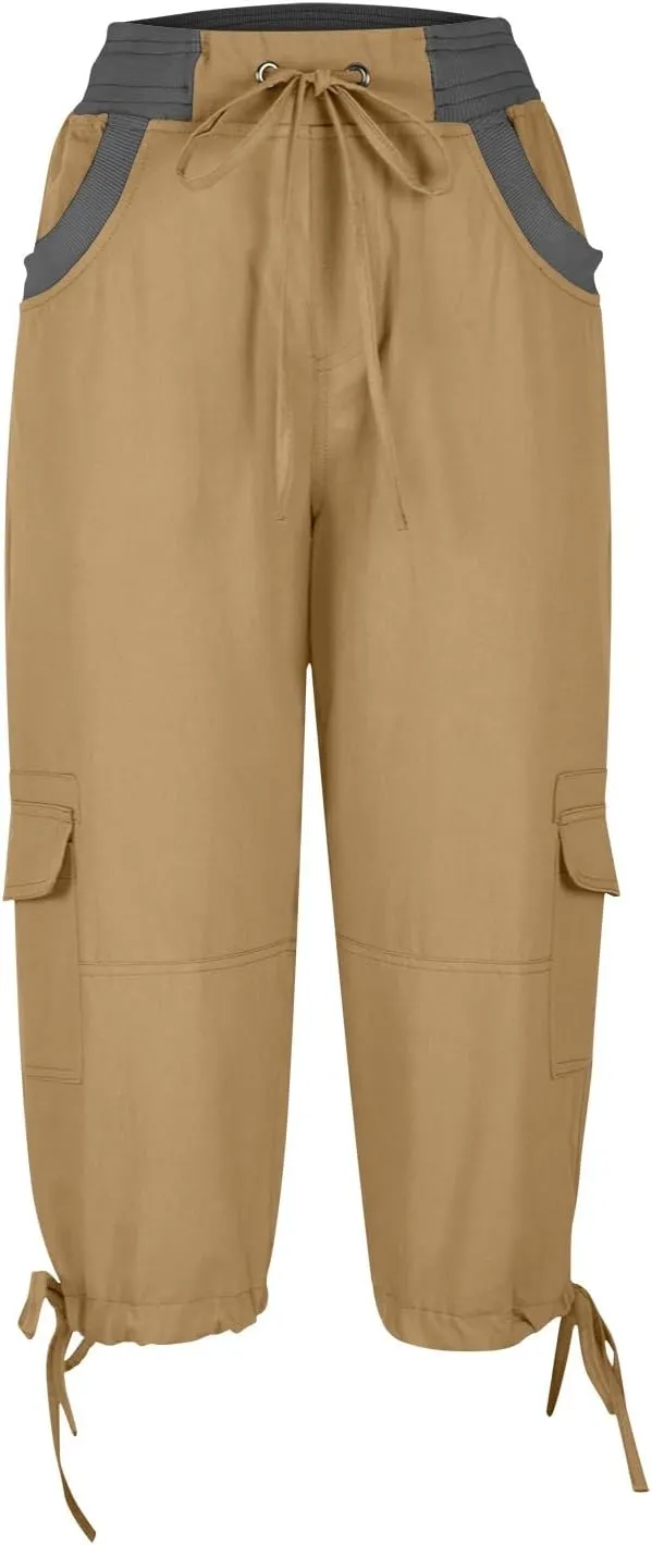 Capri Cargo Pants for Women 2024 Elastic High Waist Drawstring 3/4 Hiking Pants with Multi Pockets Casual Slim Fit Work Pants