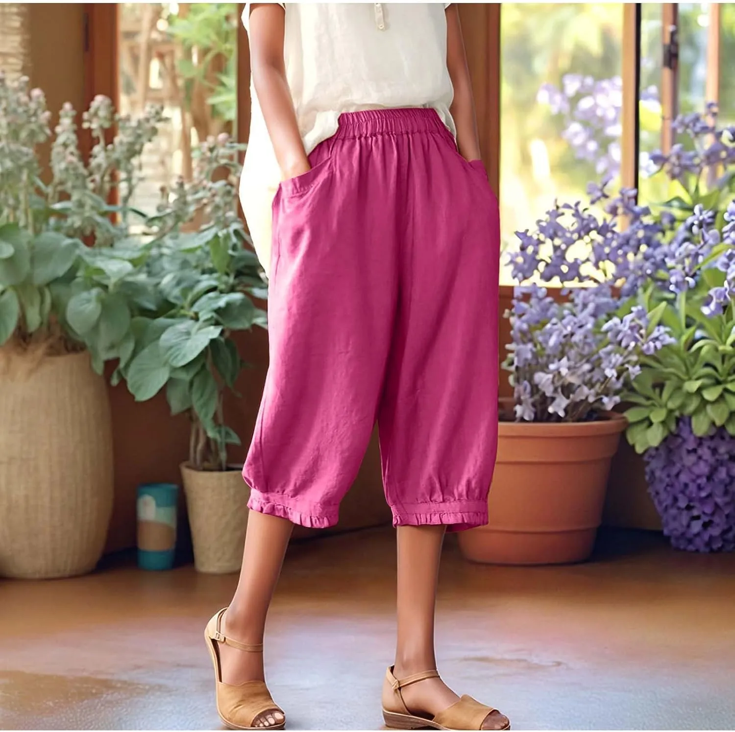 Capri Linen Pant for Women 2025 Summer Casual High Waist Linen Pant Straight Wide Leg Cropped Beach Pant
