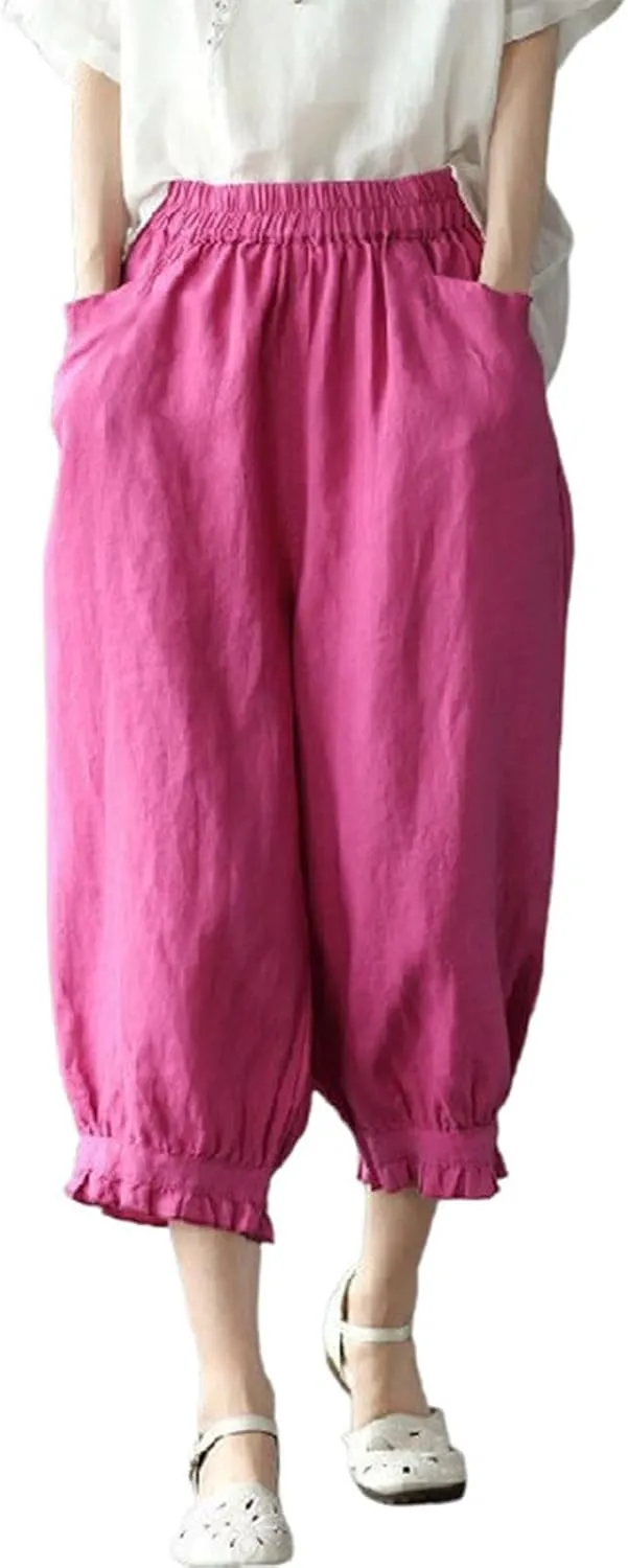 Capri Linen Pant for Women 2025 Summer Casual High Waist Linen Pant Straight Wide Leg Cropped Beach Pant