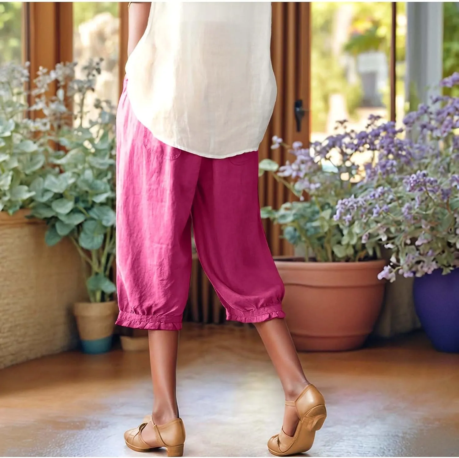 Capri Linen Pant for Women 2025 Summer Casual High Waist Linen Pant Straight Wide Leg Cropped Beach Pant