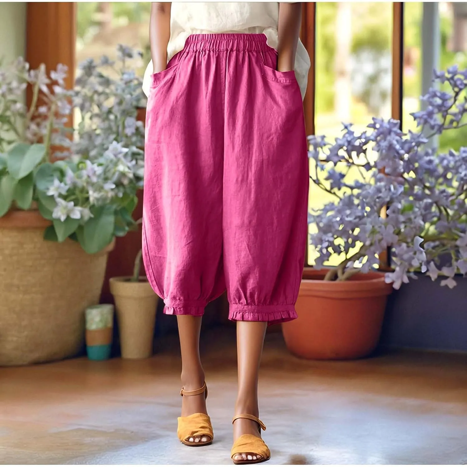 Capri Linen Pant for Women 2025 Summer Casual High Waist Linen Pant Straight Wide Leg Cropped Beach Pant