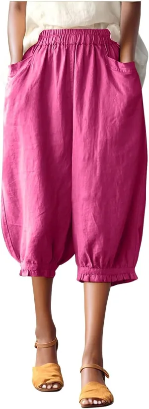 Capri Linen Pant for Women 2025 Summer Casual High Waist Linen Pant Straight Wide Leg Cropped Beach Pant