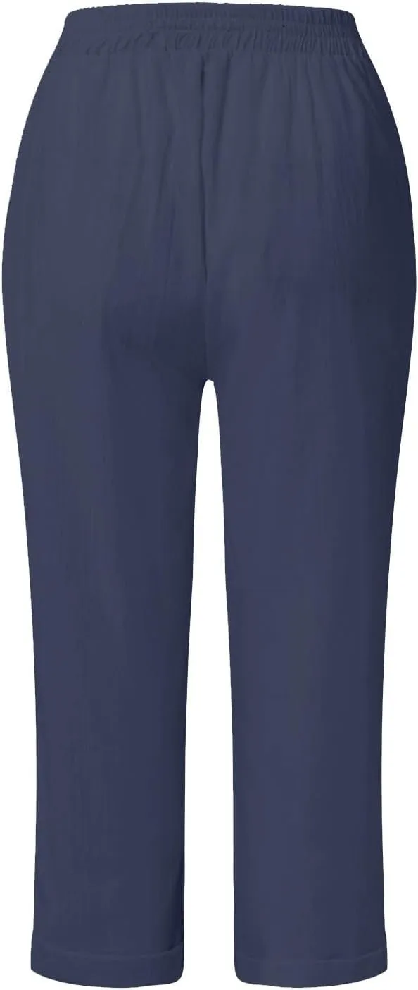 Capri Linen Pants for Women Petite Wide Leg Linen Pants Casual Loose Fit High Waisted Pants with Drawstrings