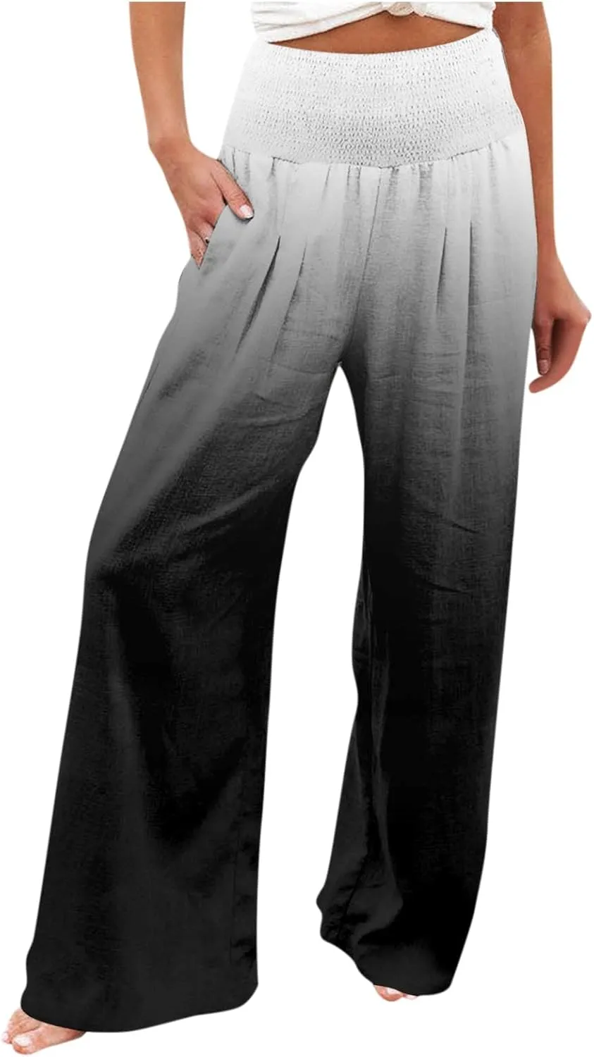 Capri Linen Pants for Women Petite Wide Leg Linen Pants Casual Loose Fit High Waisted Pants with Drawstrings