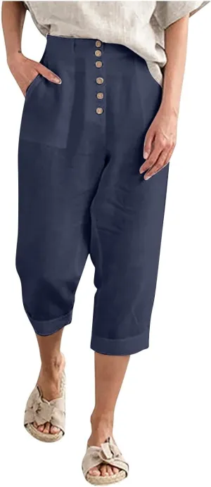 Capri Linen Pants for Women Petite Wide Leg Linen Pants Casual Loose Fit High Waisted Pants with Drawstrings