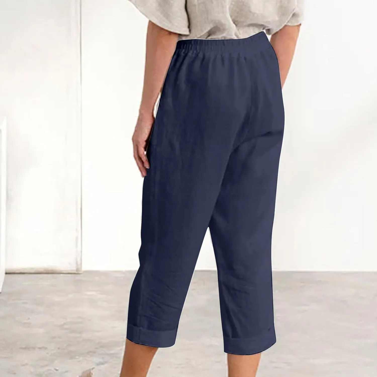 Capri Linen Pants for Women Petite Wide Leg Linen Pants Casual Loose Fit High Waisted Pants with Drawstrings