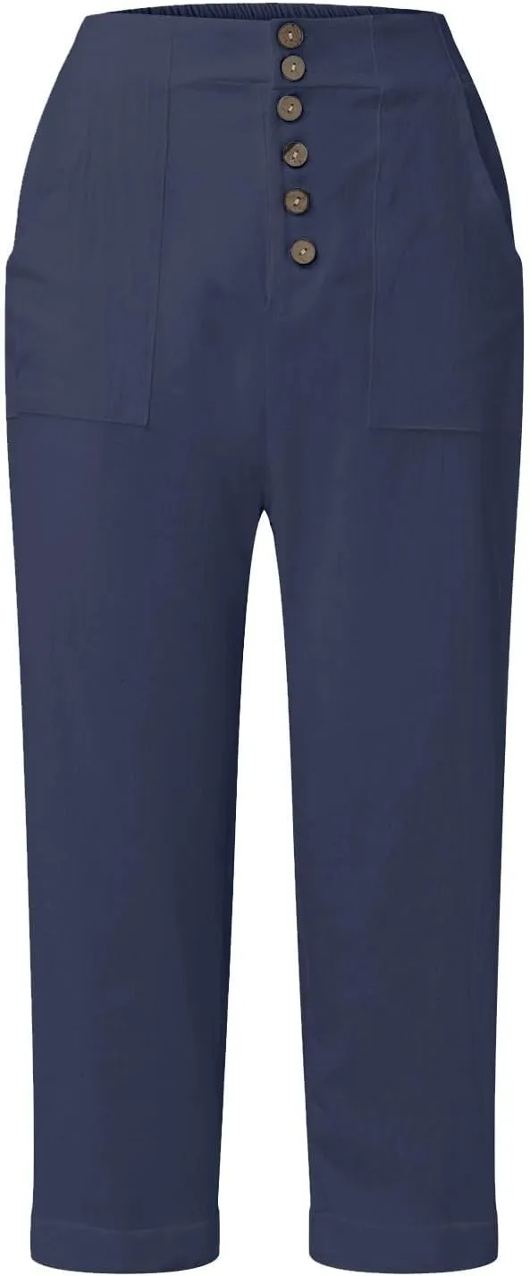 Capri Linen Pants for Women Petite Wide Leg Linen Pants Casual Loose Fit High Waisted Pants with Drawstrings