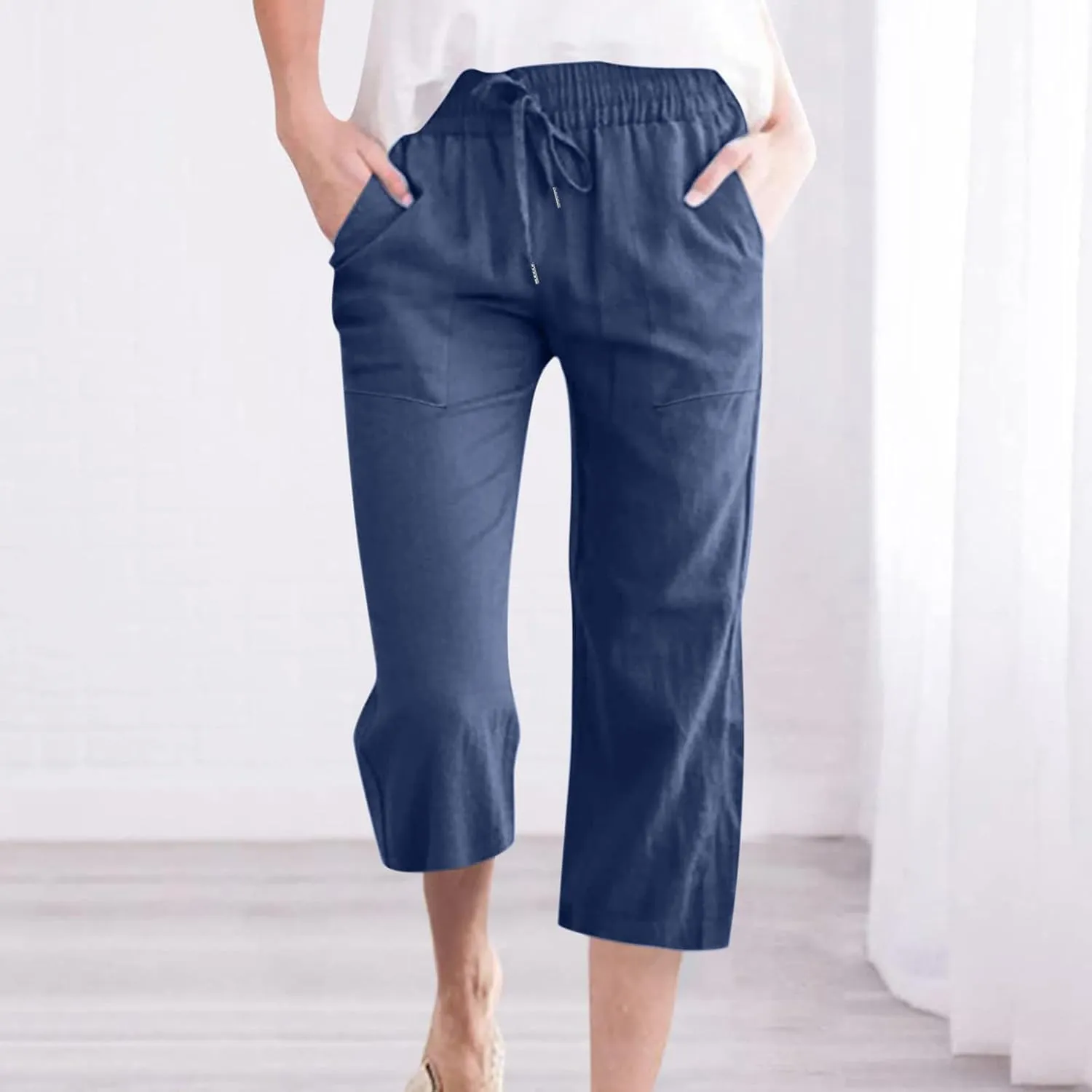 Capri Pants for Women Casual 2025 Summer Drawstring Elastic Waist Linen Pant Straight Wide Leg Pocket Cropped Trouser