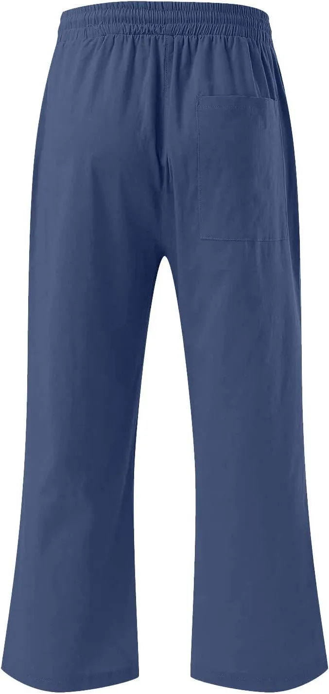 Capri Pants for Women Casual 2025 Summer Drawstring Elastic Waist Linen Pant Straight Wide Leg Pocket Cropped Trouser