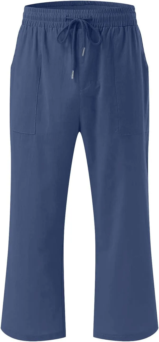 Capri Pants for Women Casual 2025 Summer Drawstring Elastic Waist Linen Pant Straight Wide Leg Pocket Cropped Trouser