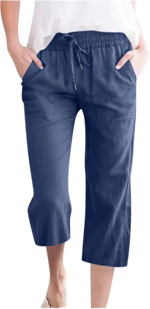 Capri Pants for Women Casual 2025 Summer Drawstring Elastic Waist Linen Pant Straight Wide Leg Pocket Cropped Trouser