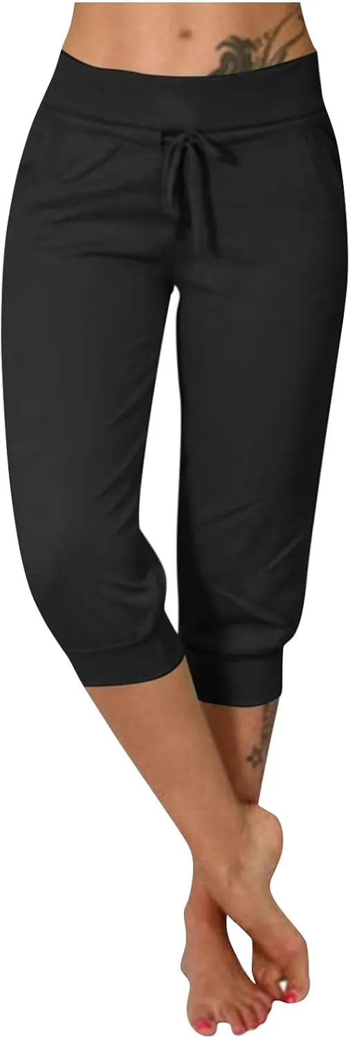 Capri Pants for Women Casual Summer Petite Short Jogger Sweatpants Drawstring Cropped Trouser Capri Leggings Plus Size