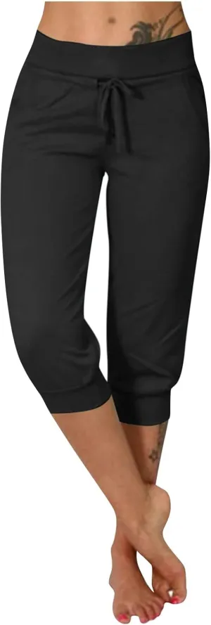 Capri Pants for Women Casual Summer Petite Short Jogger Sweatpants Drawstring Cropped Trouser Capri Leggings Plus Size