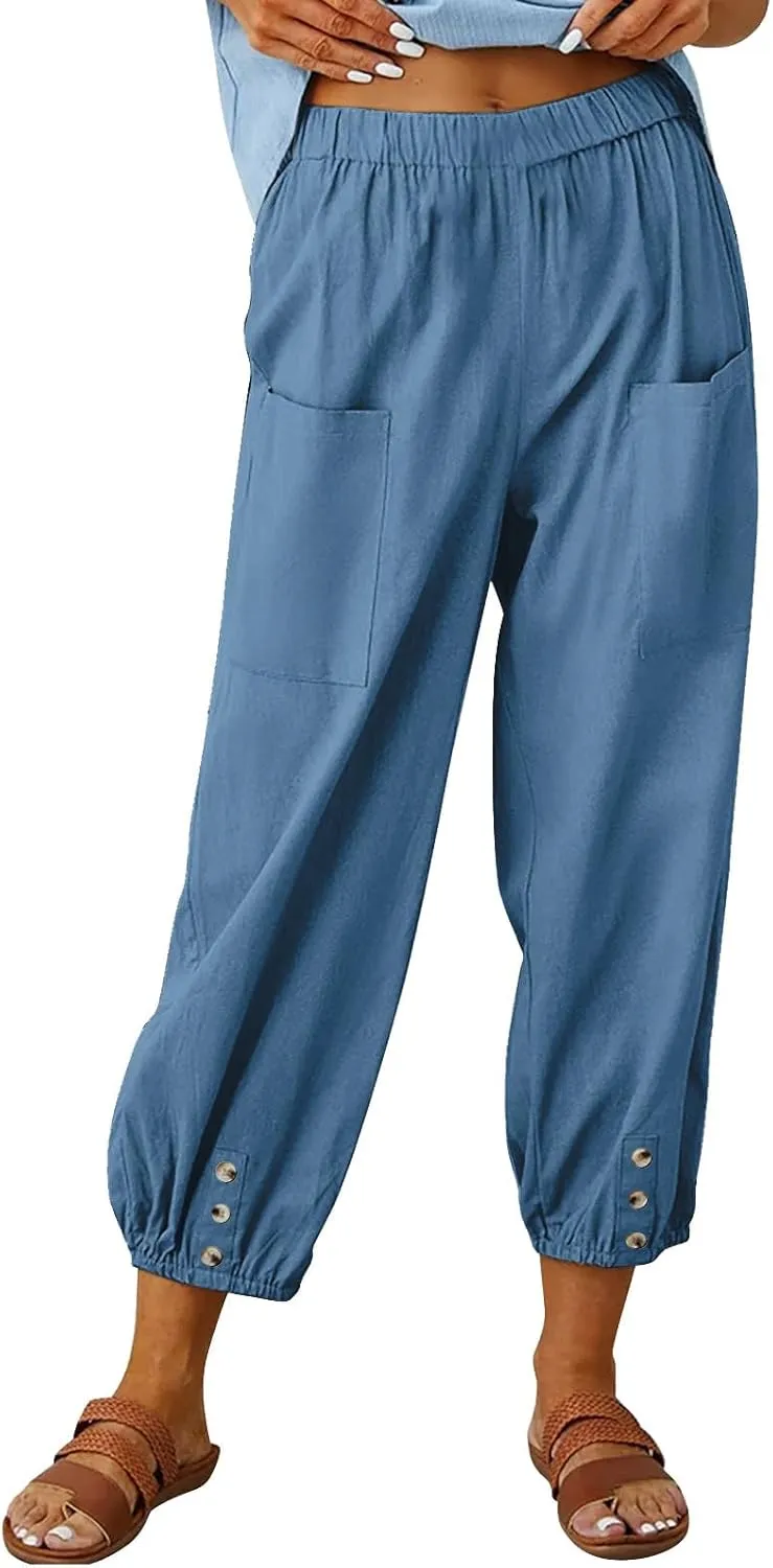 Capri Pants for Women Summer 2024 High Waisted Cotton Linen Cropped Pants Elastic Button Down Trousers with Pockets