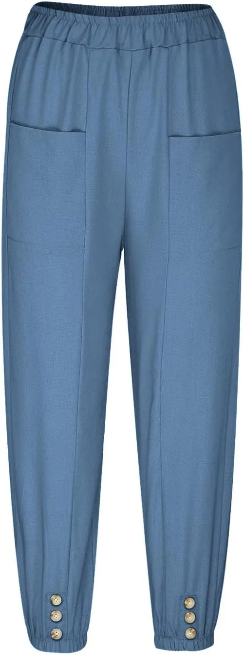 Capri Pants for Women Summer 2024 High Waisted Cotton Linen Cropped Pants Elastic Button Down Trousers with Pockets