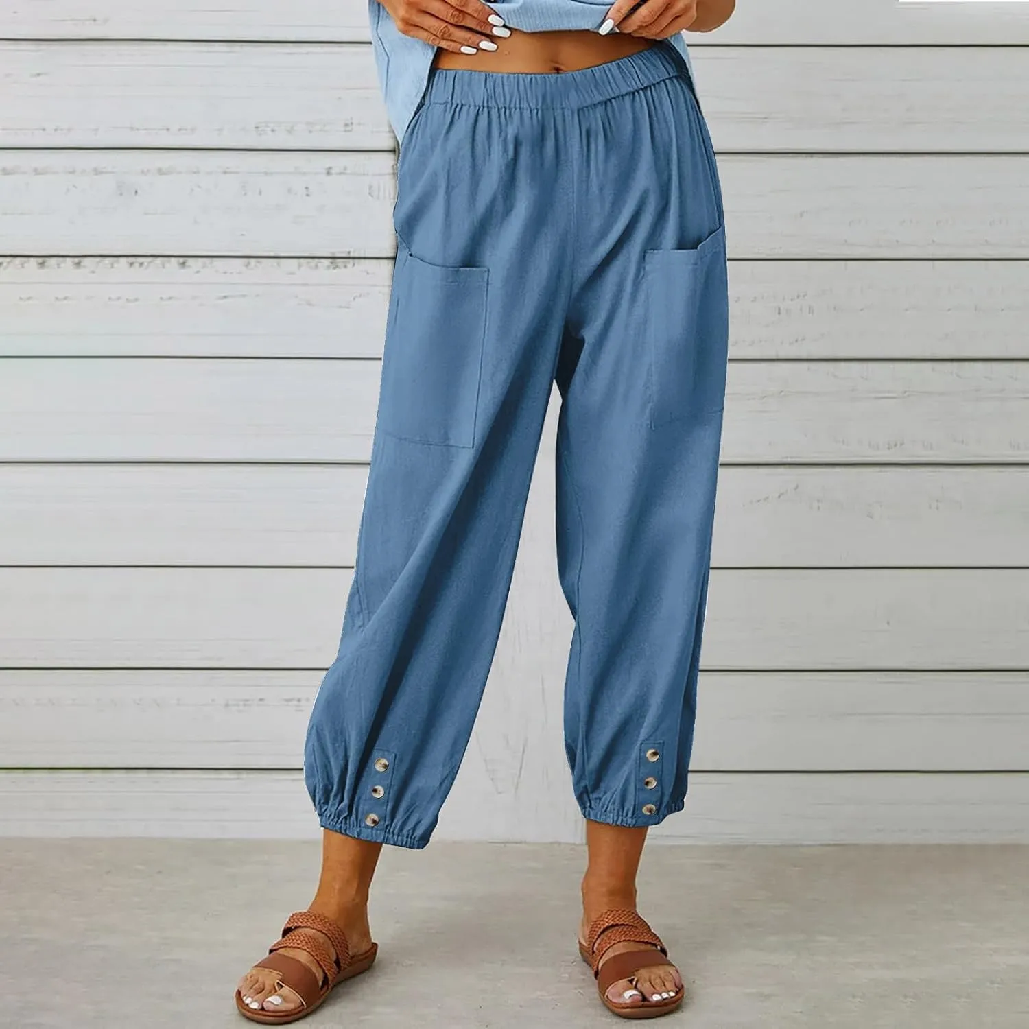 Capri Pants for Women Summer 2024 High Waisted Cotton Linen Cropped Pants Elastic Button Down Trousers with Pockets