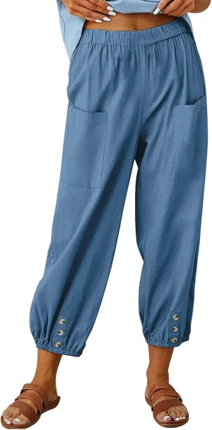 Capri Pants for Women Summer 2024 High Waisted Cotton Linen Cropped Pants Elastic Button Down Trousers with Pockets