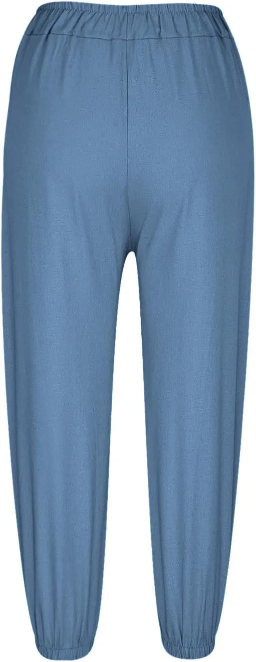 Capri Pants for Women Summer 2024 High Waisted Cotton Linen Cropped Pants Elastic Button Down Trousers with Pockets