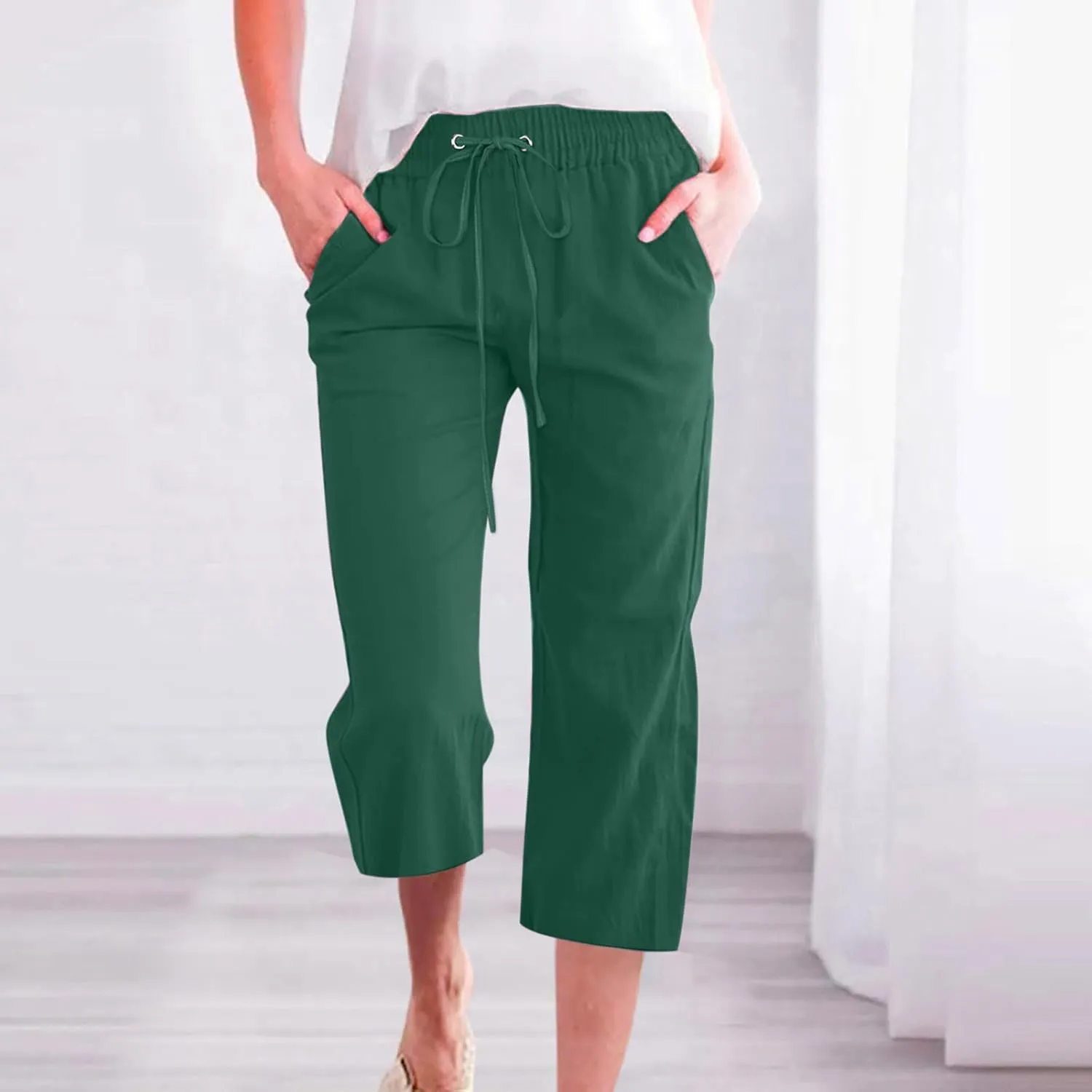 Capri Pants for Women Summer Drawstring High Waisted Lounge Pants Casual Loose Fit Elastic Trousers with Pockets