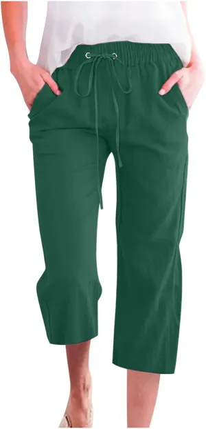 Capri Pants for Women Summer Drawstring High Waisted Lounge Pants Casual Loose Fit Elastic Trousers with Pockets