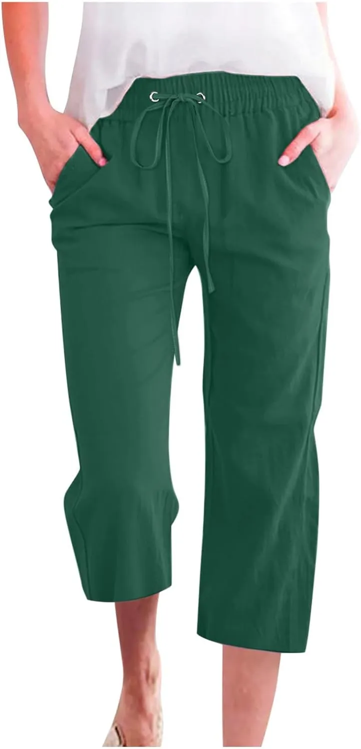 Capri Pants for Women Summer Drawstring High Waisted Lounge Pants Casual Loose Fit Elastic Trousers with Pockets