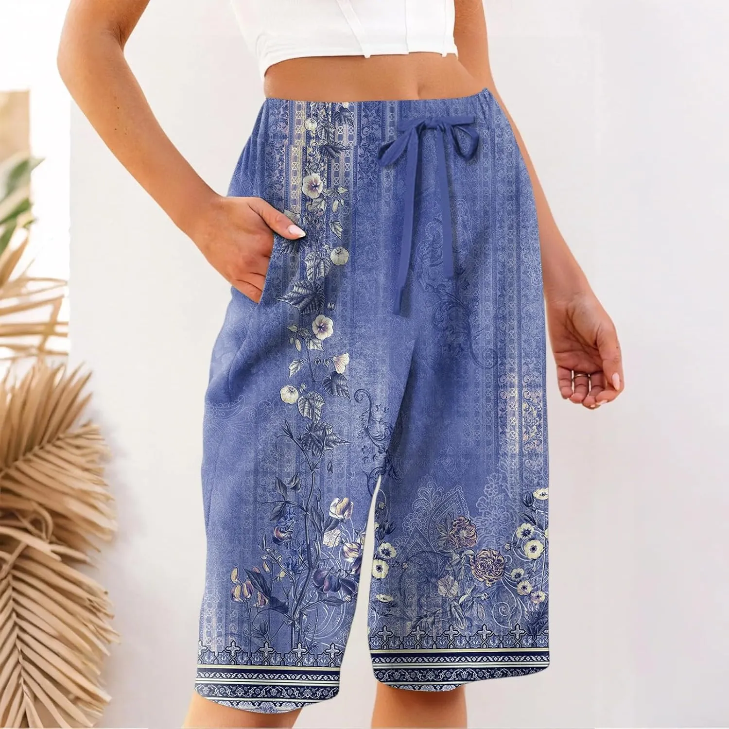 Capri Pants for Women Wide Leg Knee Length Boho Floral Summer Bermuda Shorts Cotton Linen Trousers with Pockets