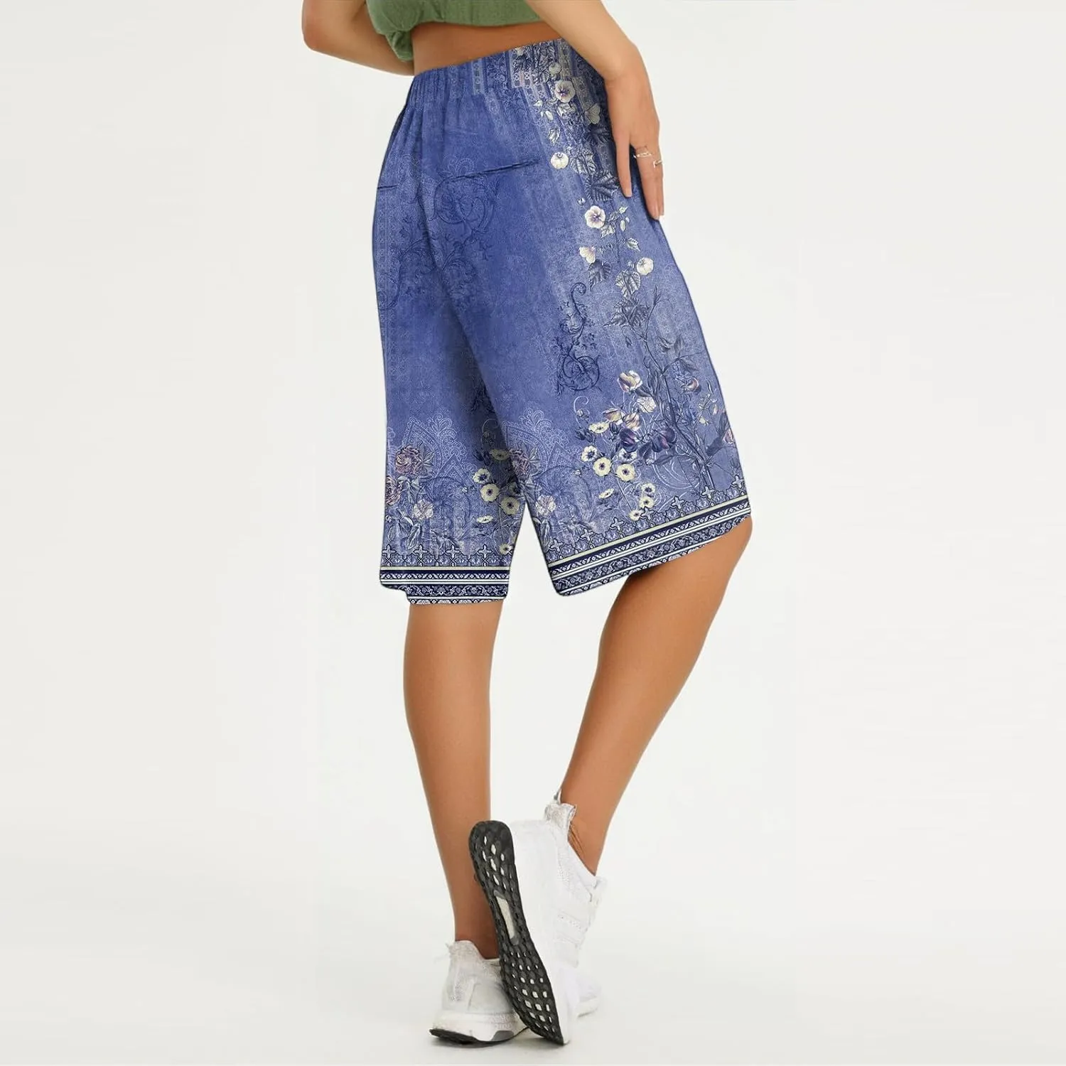 Capri Pants for Women Wide Leg Knee Length Boho Floral Summer Bermuda Shorts Cotton Linen Trousers with Pockets