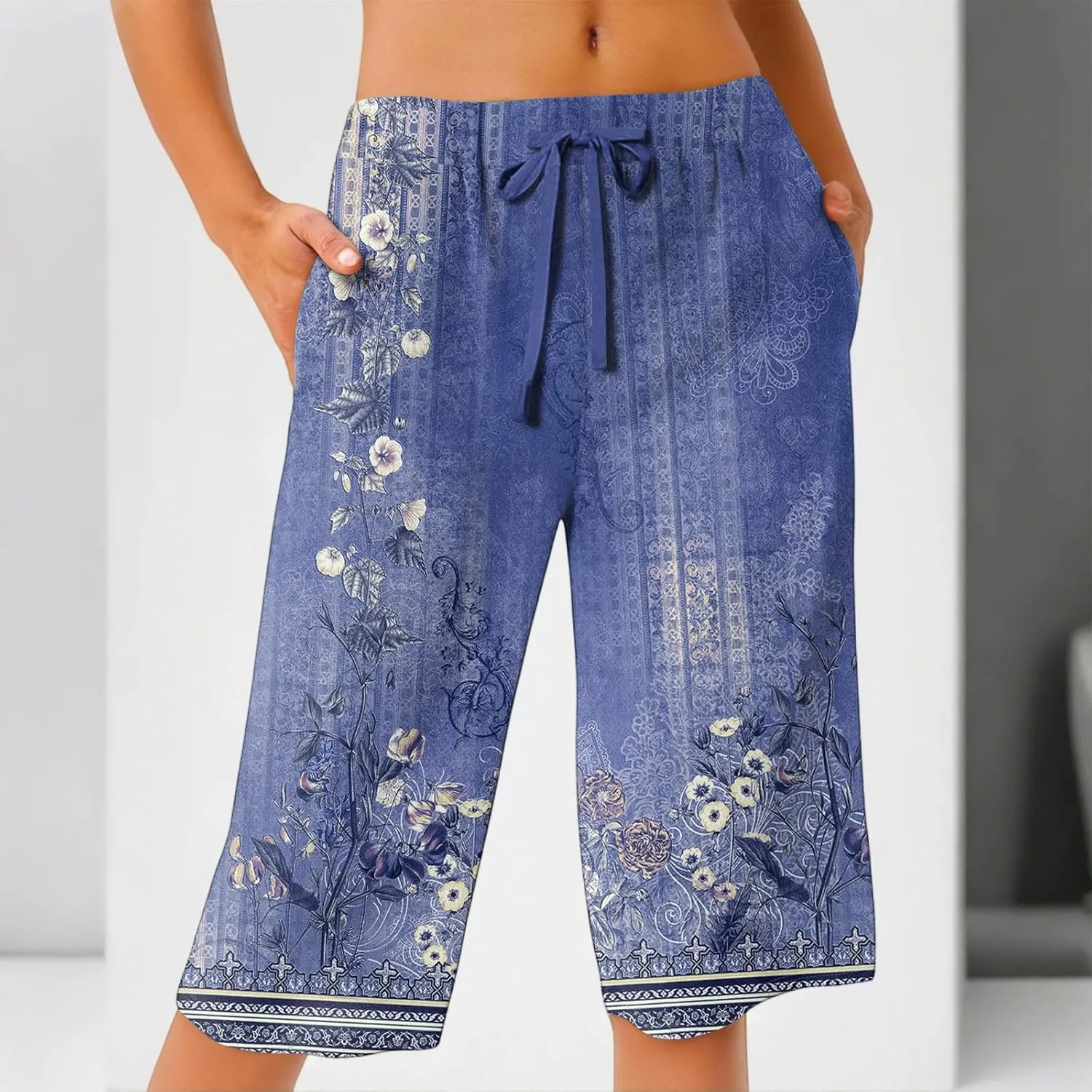 Capri Pants for Women Wide Leg Knee Length Boho Floral Summer Bermuda Shorts Cotton Linen Trousers with Pockets