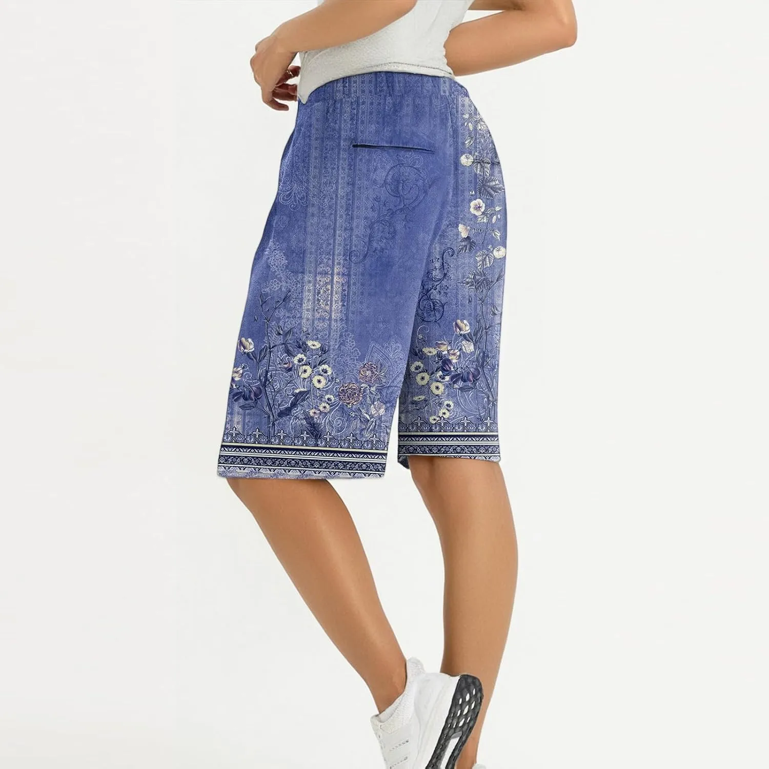 Capri Pants for Women Wide Leg Knee Length Boho Floral Summer Bermuda Shorts Cotton Linen Trousers with Pockets