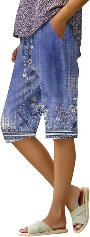 Capri Pants for Women Wide Leg Knee Length Boho Floral Summer Bermuda Shorts Cotton Linen Trousers with Pockets