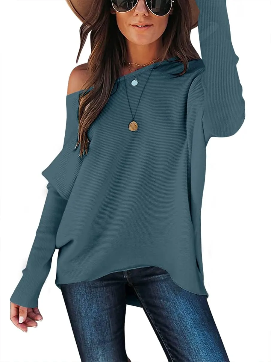 Caracilia Women Boat Neck Batwing Long Sleeve 2024 Fall Oversized Ribbed Knit Pullover Sweaters Baggy Jumper Tunic Tops