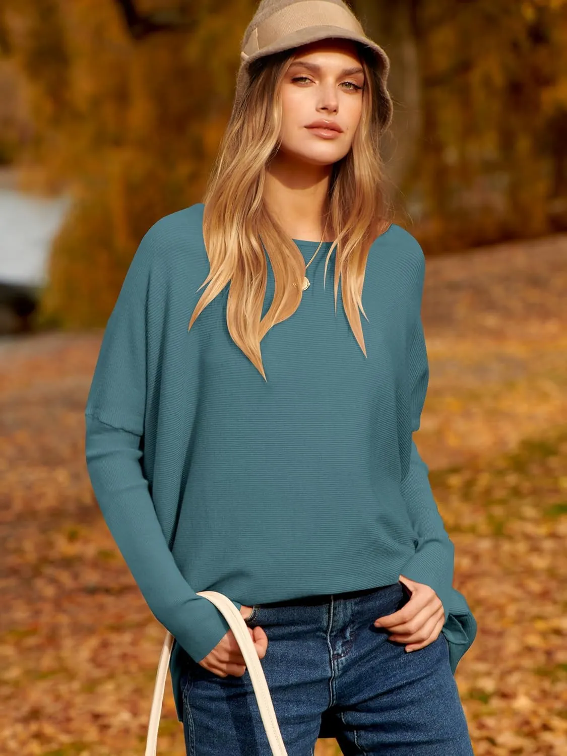 Caracilia Women Boat Neck Batwing Long Sleeve 2024 Fall Oversized Ribbed Knit Pullover Sweaters Baggy Jumper Tunic Tops