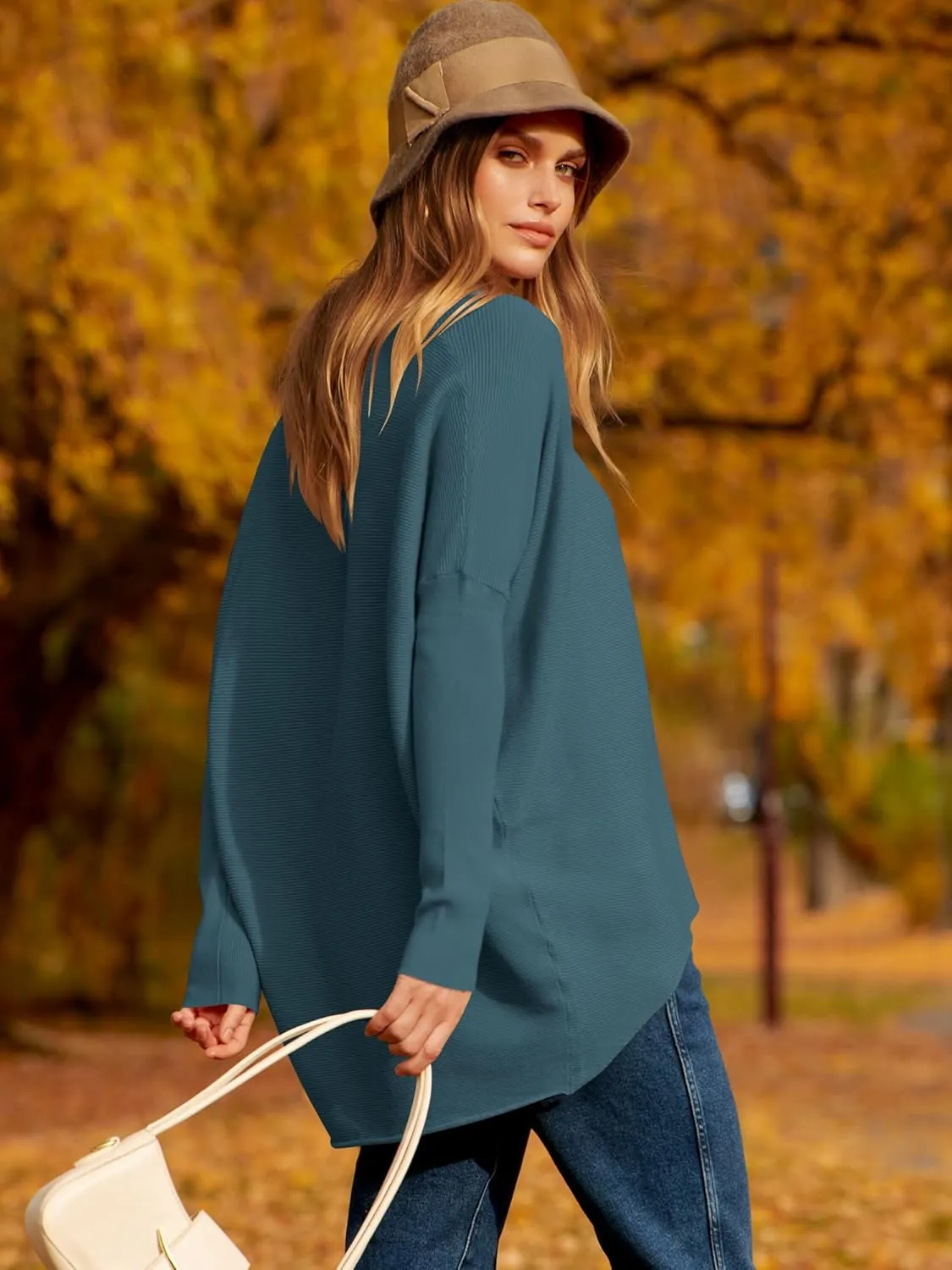 Caracilia Women Boat Neck Batwing Long Sleeve 2024 Fall Oversized Ribbed Knit Pullover Sweaters Baggy Jumper Tunic Tops