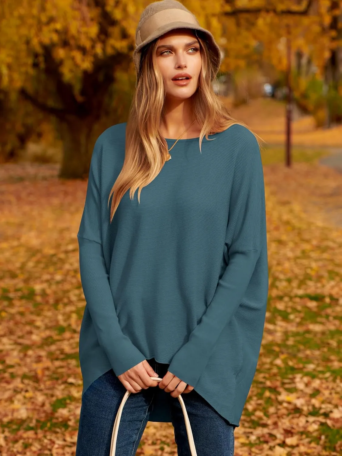 Caracilia Women Boat Neck Batwing Long Sleeve 2024 Fall Oversized Ribbed Knit Pullover Sweaters Baggy Jumper Tunic Tops