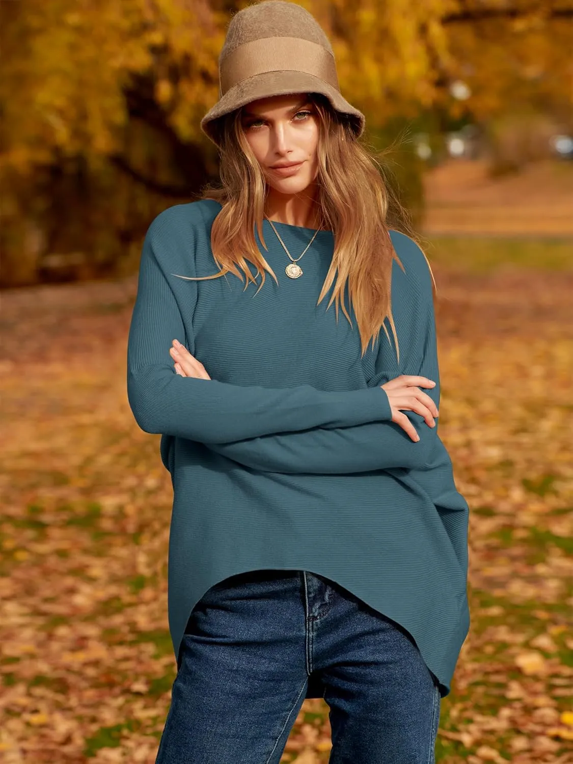 Caracilia Women Boat Neck Batwing Long Sleeve 2024 Fall Oversized Ribbed Knit Pullover Sweaters Baggy Jumper Tunic Tops