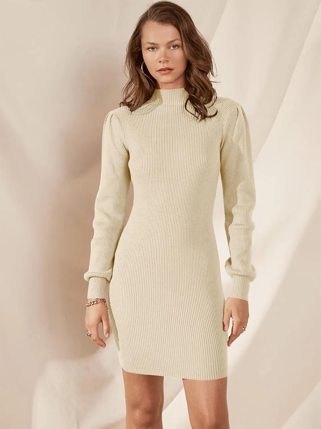 Caracilia Women Turtleneck Long Sleeve Knit Bodycon Slim Fitted Stretch Pullover Sweater Mini Dress Trendy Outfits 2025 Fall