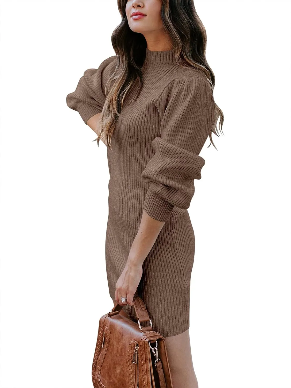Caracilia Women Turtleneck Long Sleeve Knit Bodycon Slim Fitted Stretch Pullover Sweater Mini Dress Trendy Outfits 2025 Fall
