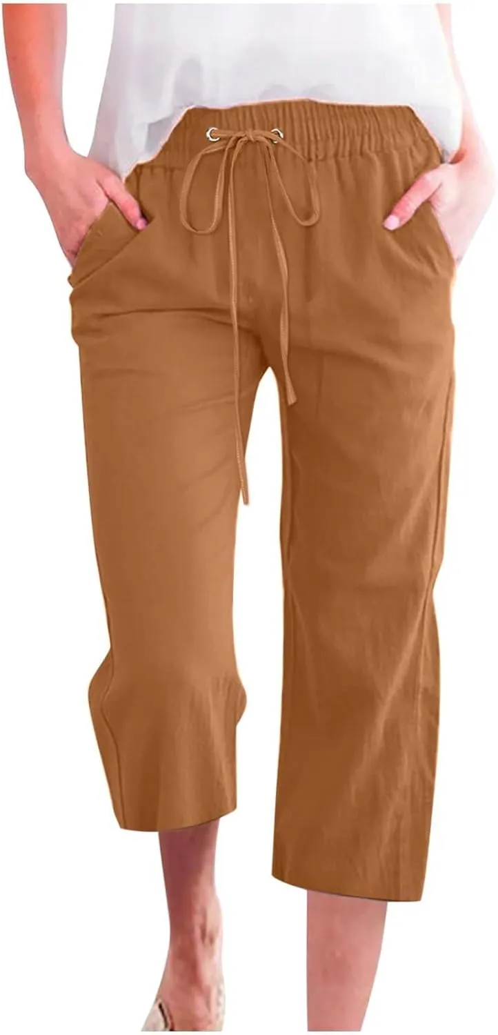 Cargo Capris for Women Casual 2025 Summer Drawstring Elastic High Waist Linen Pant Cropped Comfy Trousers